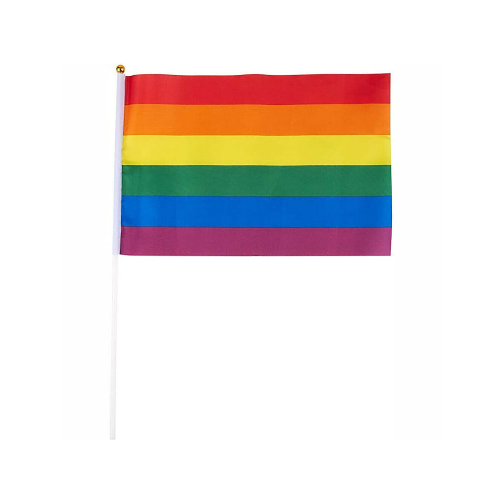 small flag with rainbow stripes on a white stick with a gold ball at the top