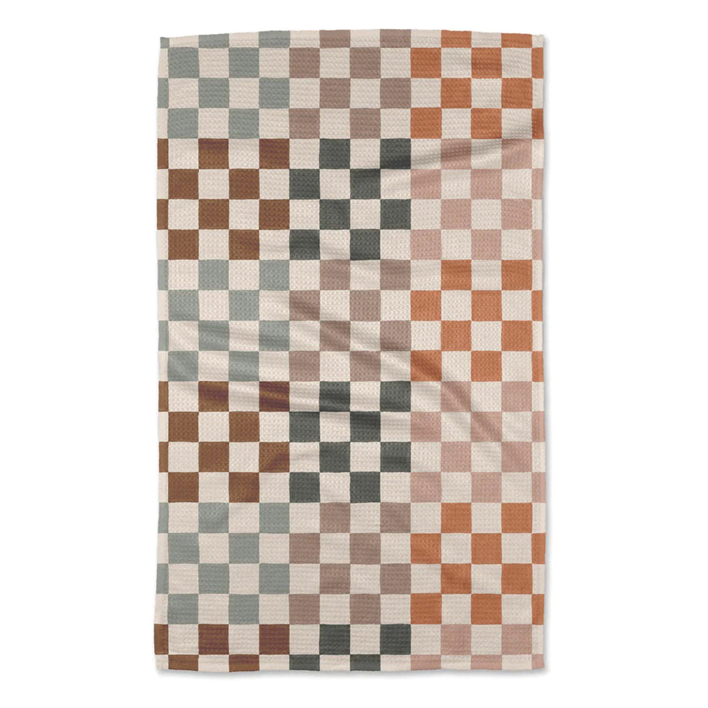 Geometry Autumn Checkers Kitchen Tea Towel with a checkerboard pattern in fall-inspired colors.