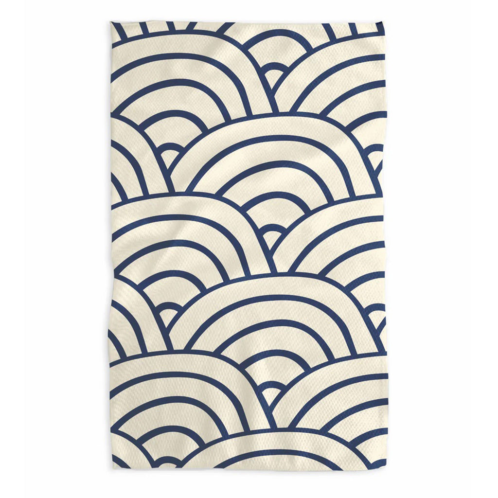 Geometry Every Level Eco-Friendly Kitchen Tea Towel with a navy blue arch pattern on an off-white background.