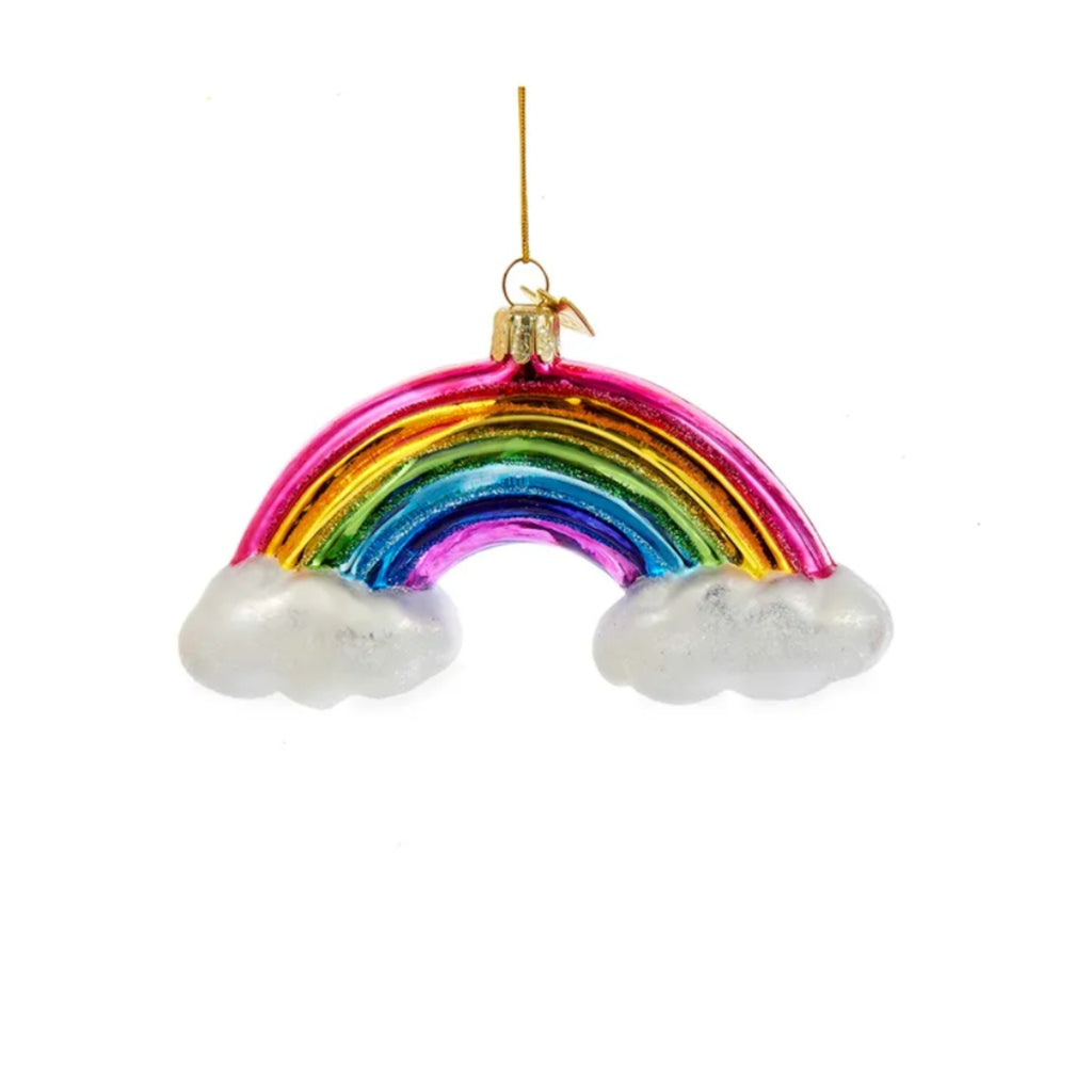 glass rainbow metallic ornament with clouds on either end
