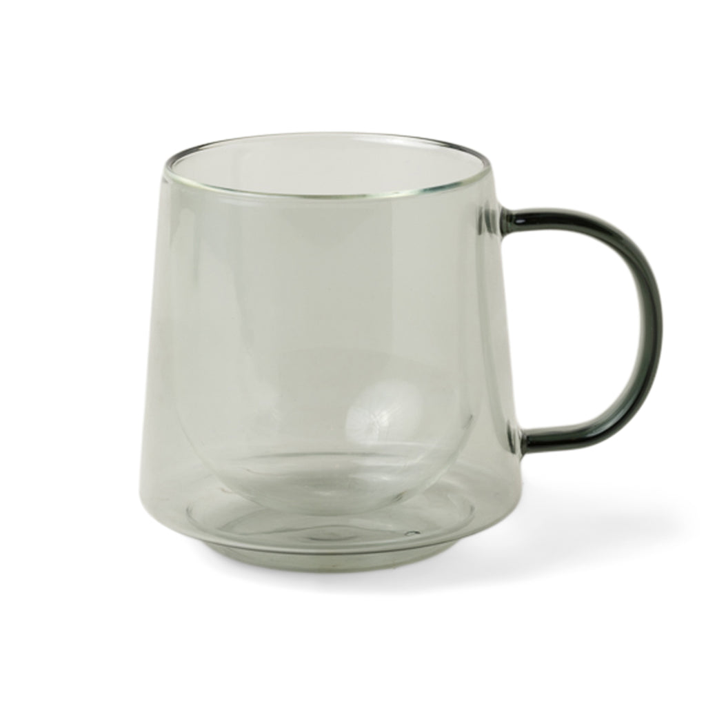 Smoke gray double-wall insulated glass mug with handle on right.