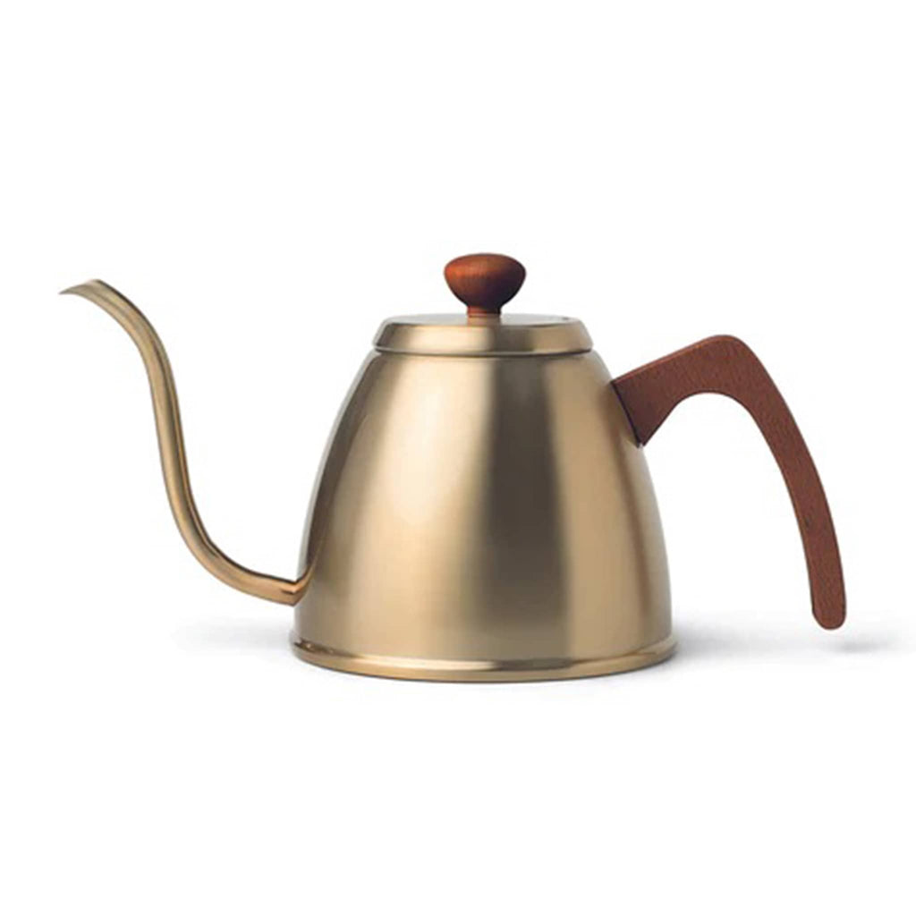 Stainless steel gooseneck stovetop kettle with brushed gold finish and wood handle and knob on lid.