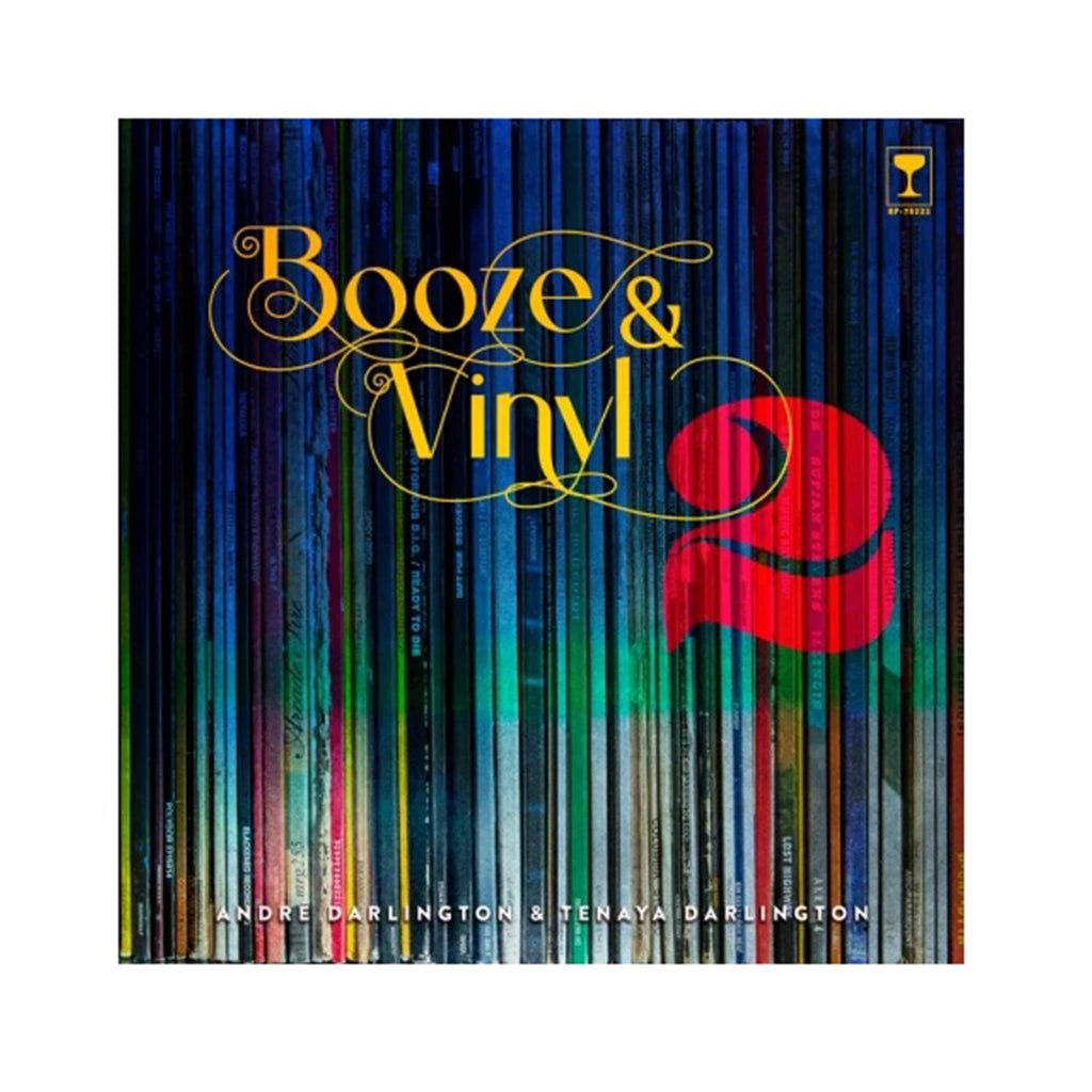 Front cover of Booze & Vinyl volume 2 hardcover book with spines of vinyl records with a blue green ombre filter and the title of the book.