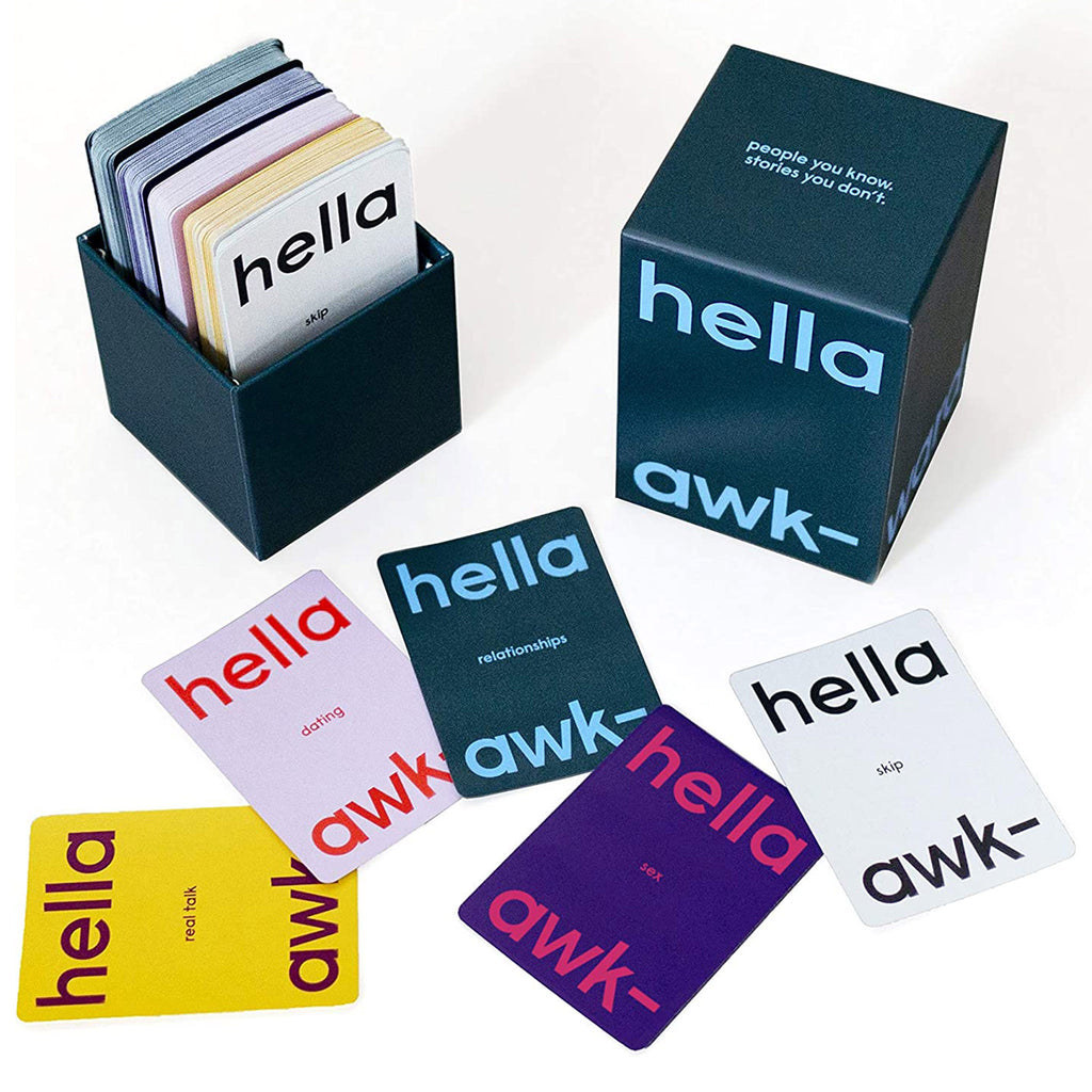 Hella Awkward party game box with lid off showing cards inside and sample cards for each of the 4 categories laying in front on a white background.