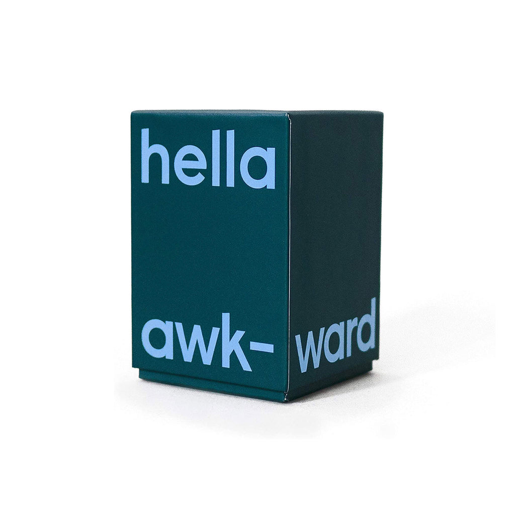 Dark blue box with "hella awkward" in lighter blue on the front and right side.
