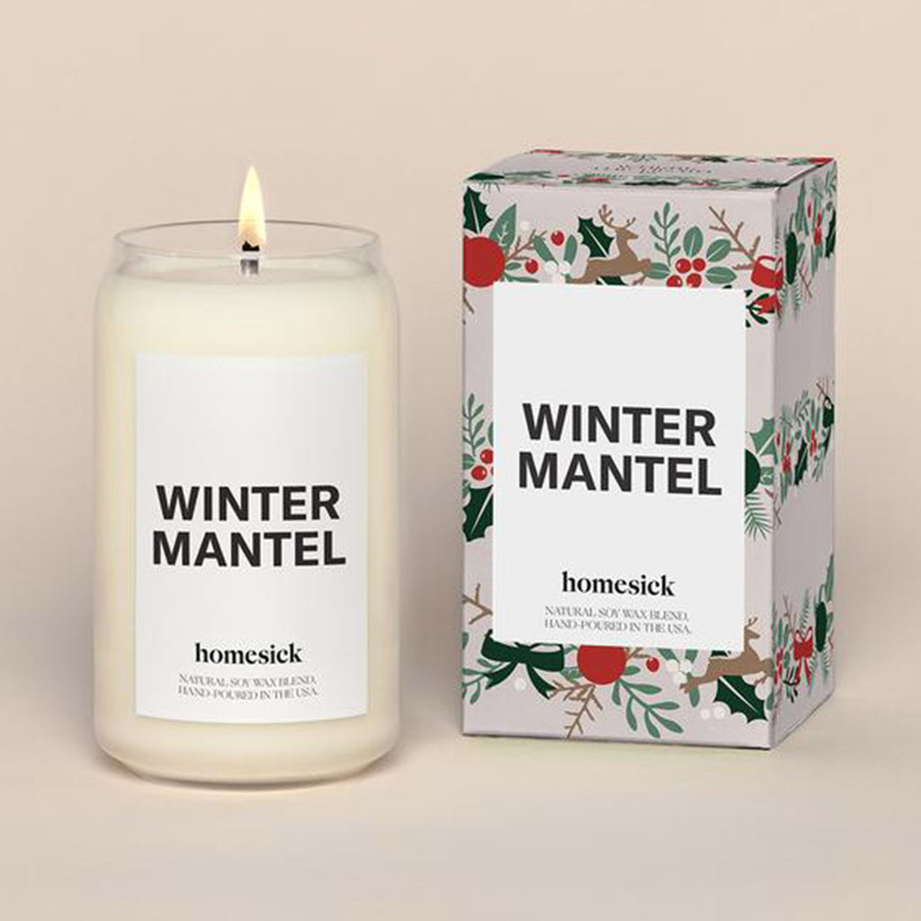 homesick winter mantel christmas holiday scented natural soy wax blend candle with gray box front with holly and reindeer