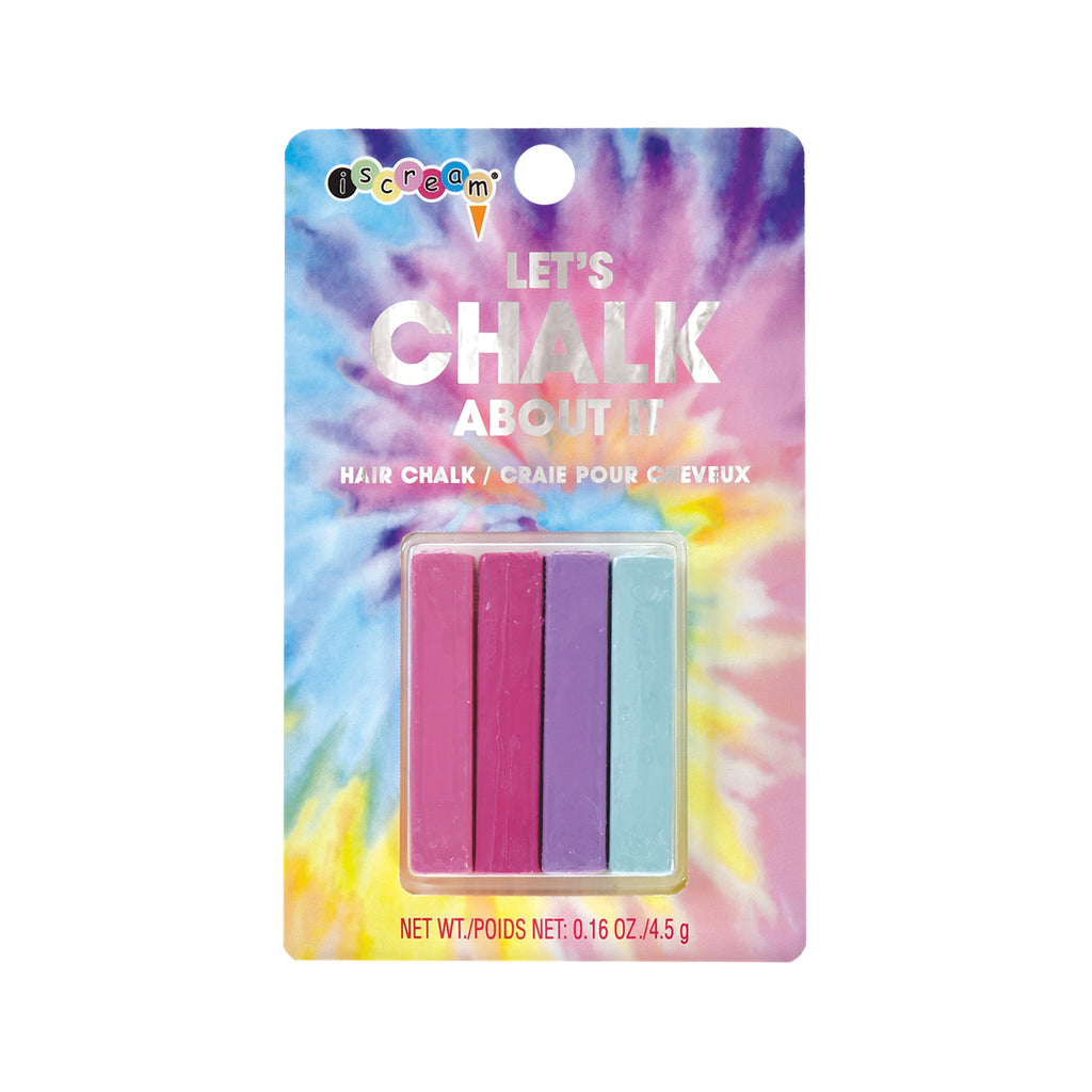 pink, rose, purple and light blue stick chalk on rainbow tie-dye card packaging with "Let's Chalk About It" in silver foil lettering