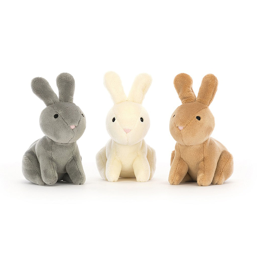 Jellycat Nesting Bunnies Plush Toy with a gray, cream and tan bunny sitting on a white background, front view.