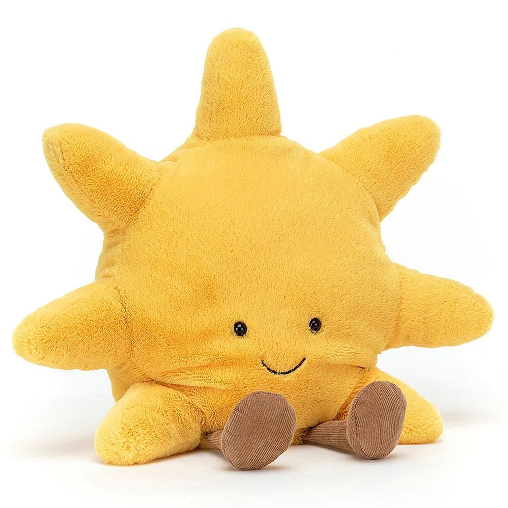 jellycat large amuseable yellow fuzzy sun plush toy with rays, brown corduroy feet, black button eyes and a stitched smile front view