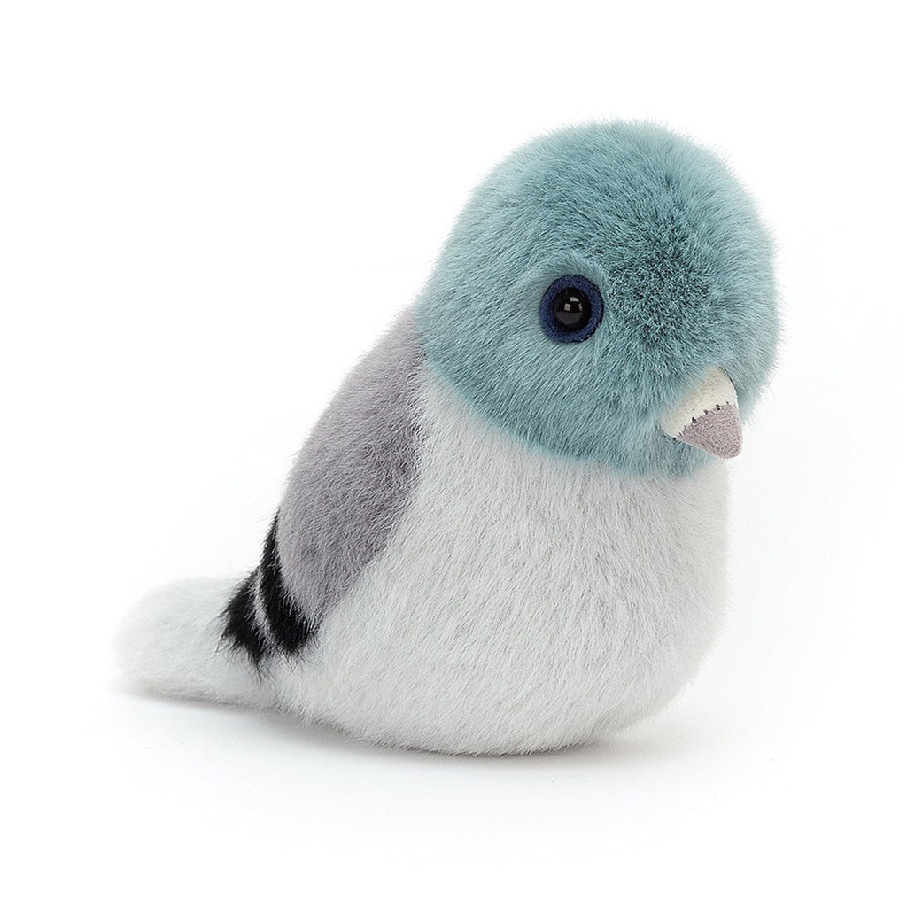 jellycat birdlng pigeon plush toy with light grey belly, dark gray back and greenish blue head with button eyes and white and grey beak front view