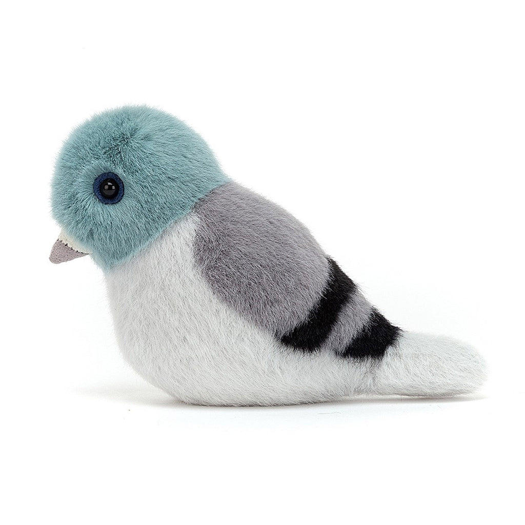 jellycat birdlng pigeon plush toy with light grey belly, dark gray back and greenish blue head with button eyes and white and grey beak side view