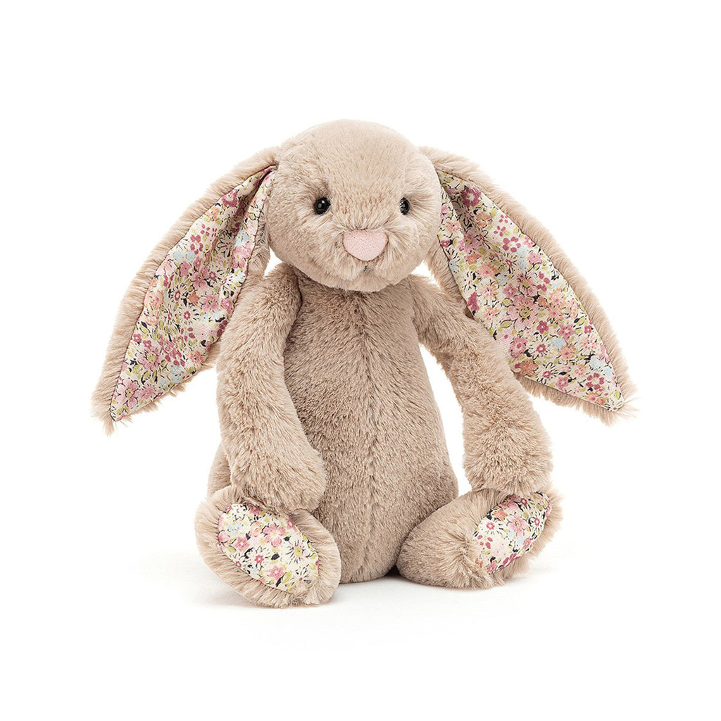 Jellycat small beige Blossom Bea bunny plush toy with floral print inner ears and pads of feet.