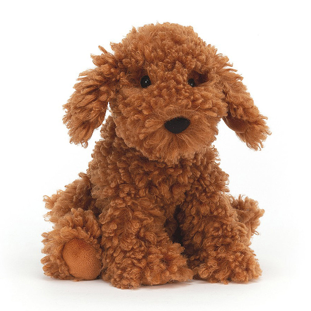 jellycat cooper labradoodle pup plush toy front view of copper dog with floppy ears, suede paw pads with black nose and eyes