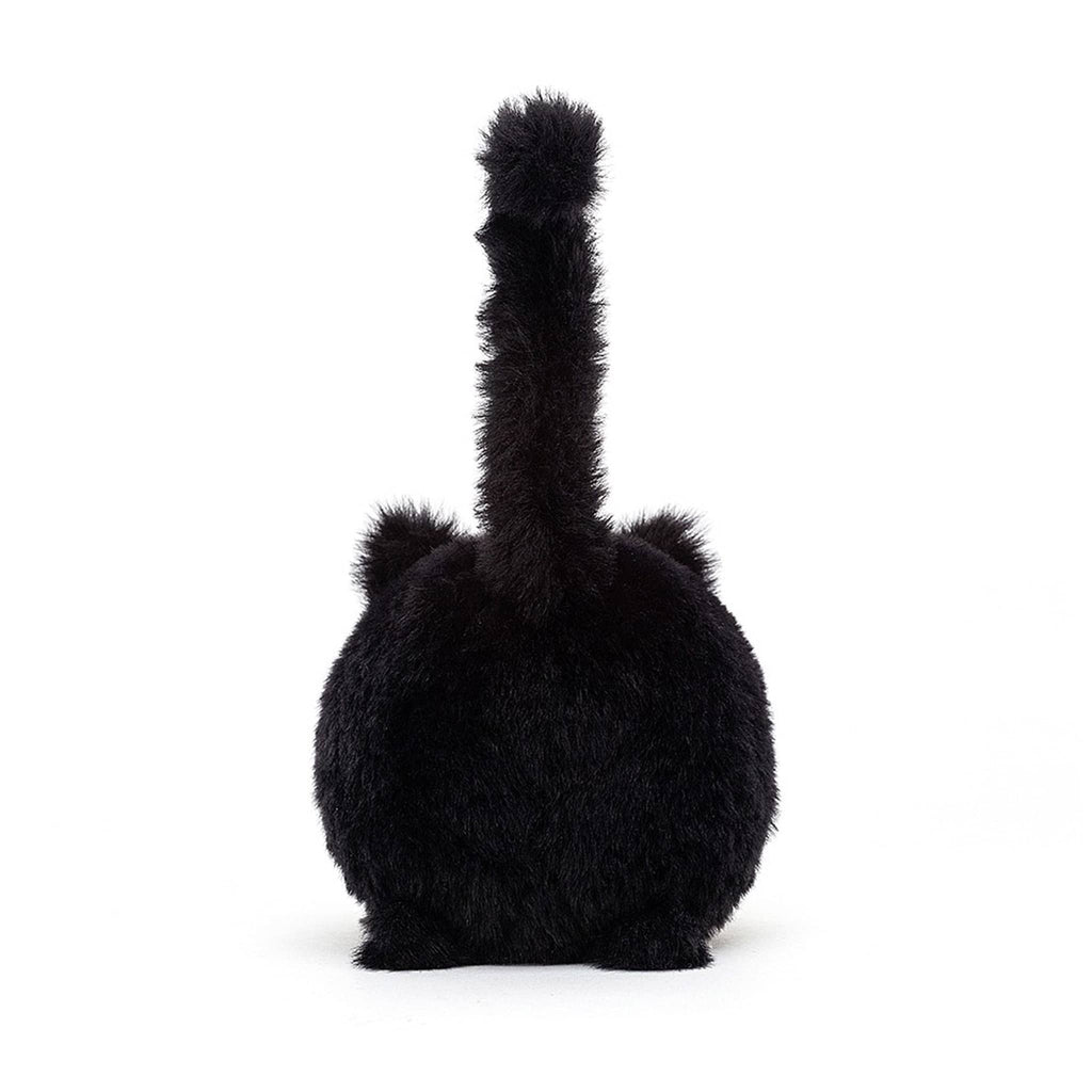 Ball shaped black kitten caboodle stuffie plush toy back view with a tail sticking straight up with a little curl at the end.