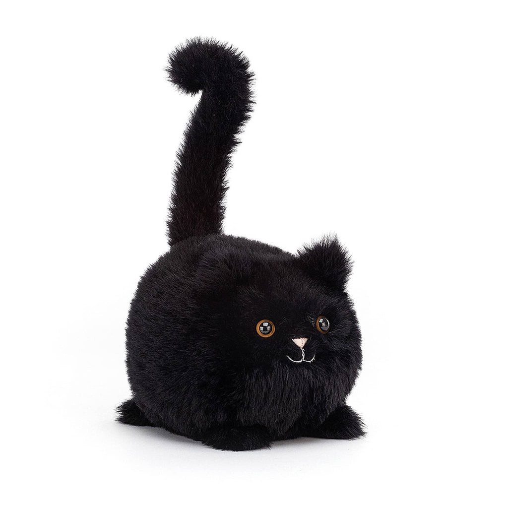Ball shaped black kitten caboodle stuffie plush toy front view with brown eyes, pink nose, white mouth and a tail sticking straight up with a little curl at the end.