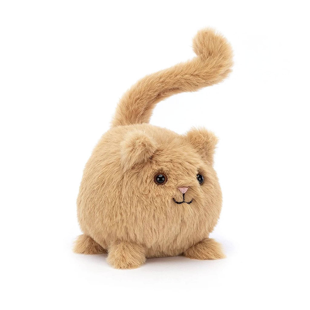 Ball shaped ginger kitten caboodle stuffie plush toy front view with brown eyes, pink nose, black mouth and a tail sticking straight up with a little curl at the end.