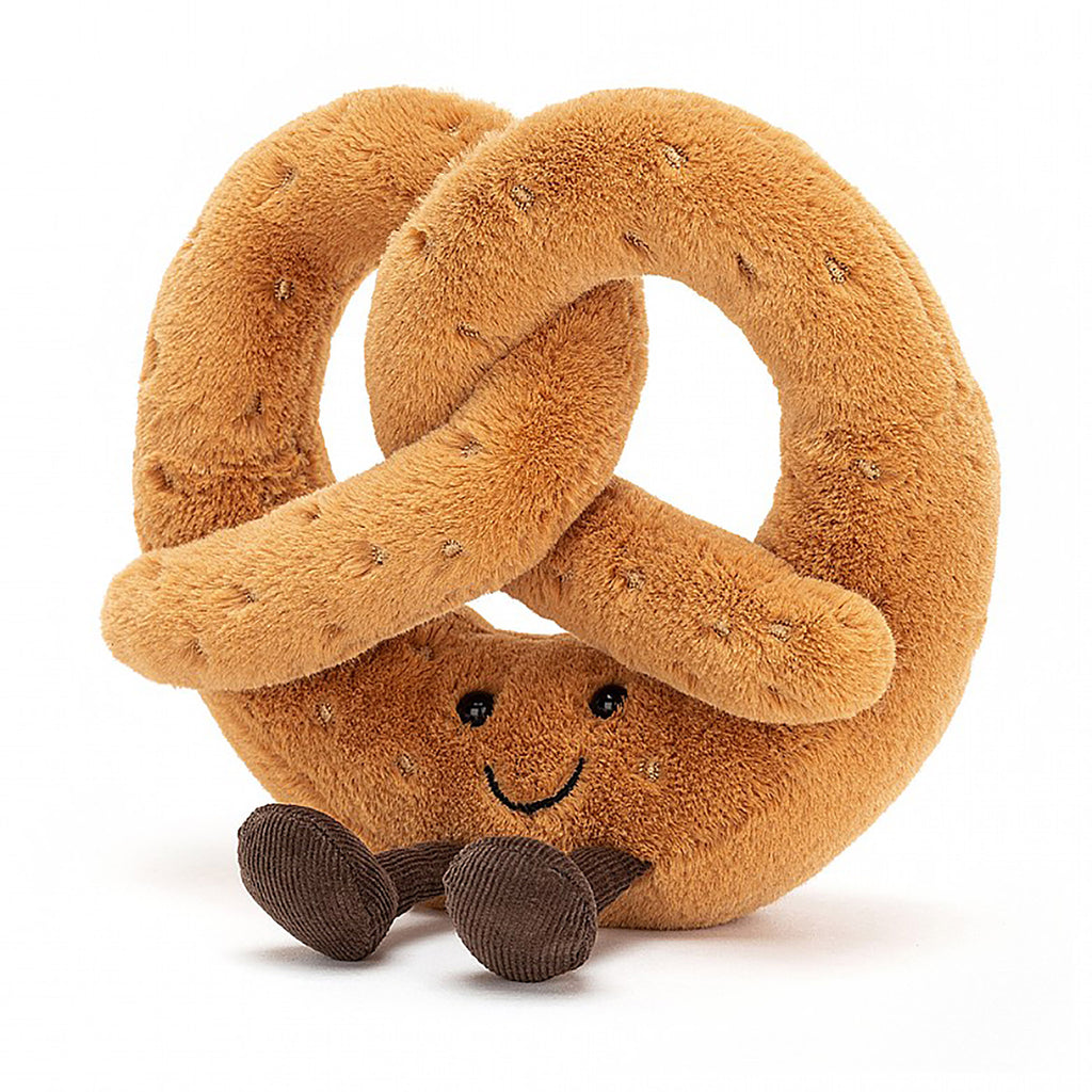 jellycat amuseable soft pretzel stuffed plush toy with brown corduroy feet front view