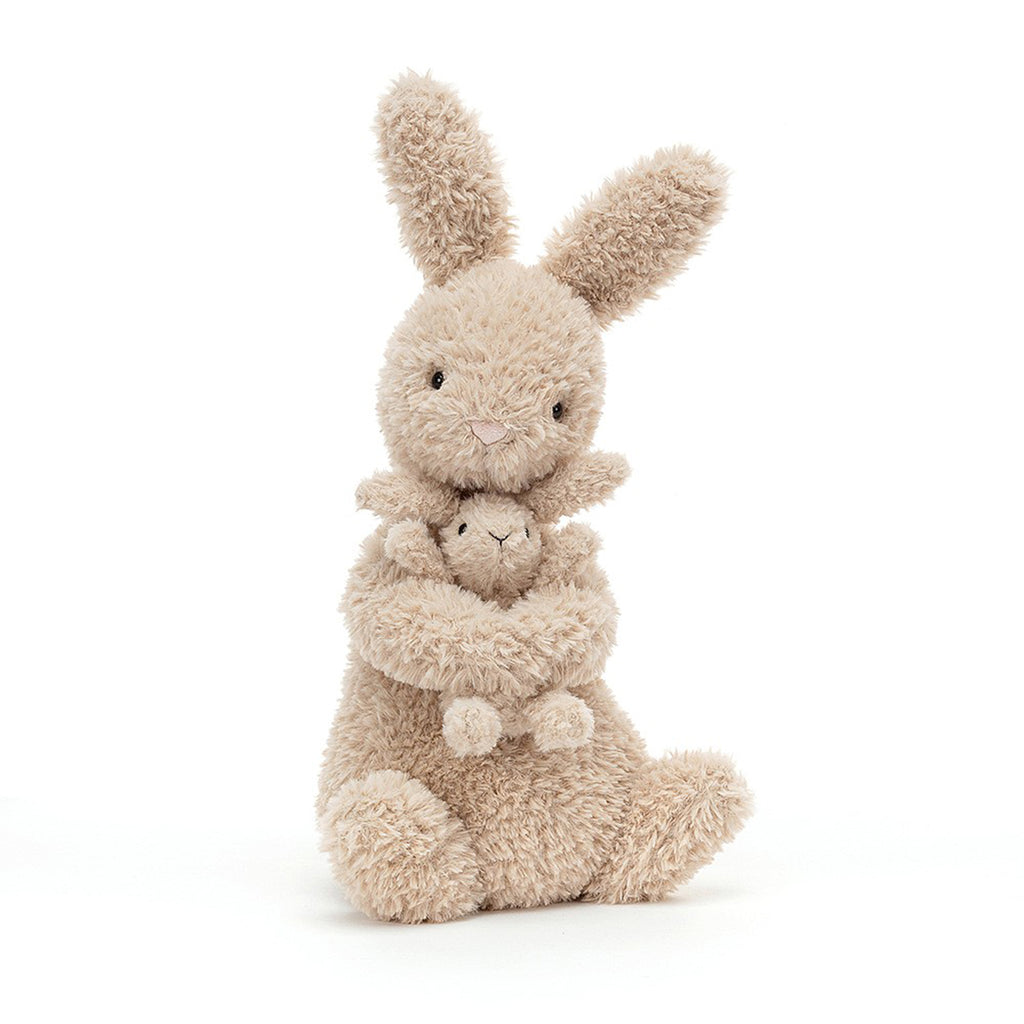 Jellycat Huddles Bunny plush toy, tan bunny holding a baby bunny in its arms, front view.