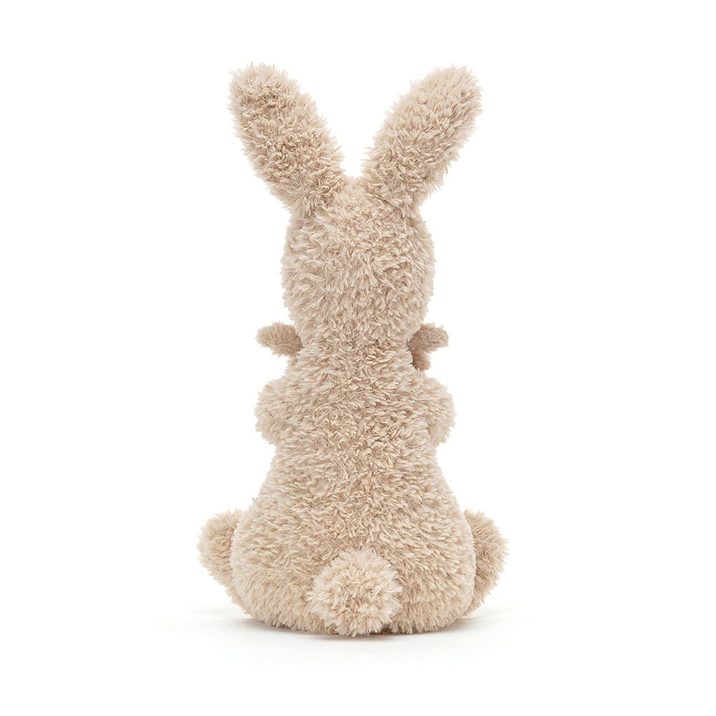 Jellycat Huddles Bunny plush toy, tan bunny holding a baby bunny in its arms, back view.