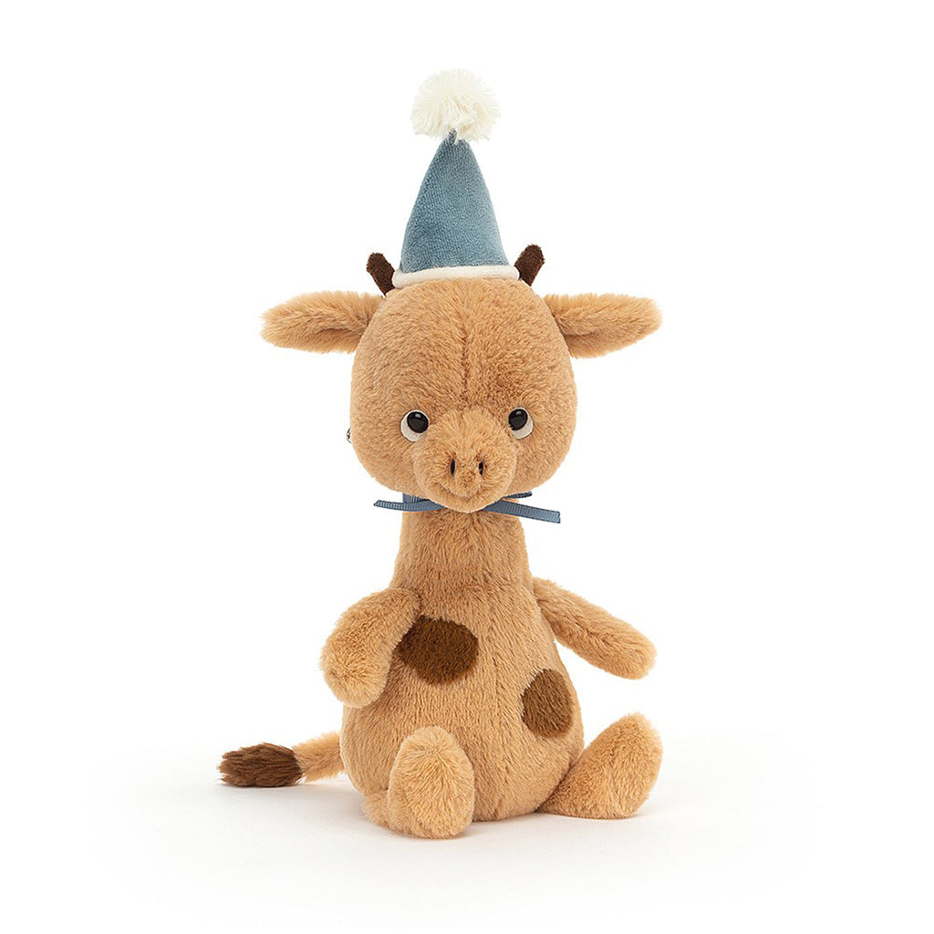 jellycat jollipop giraffe plush front view tan giraffe with brown spots and a blue party hat on its head with white pompom at top