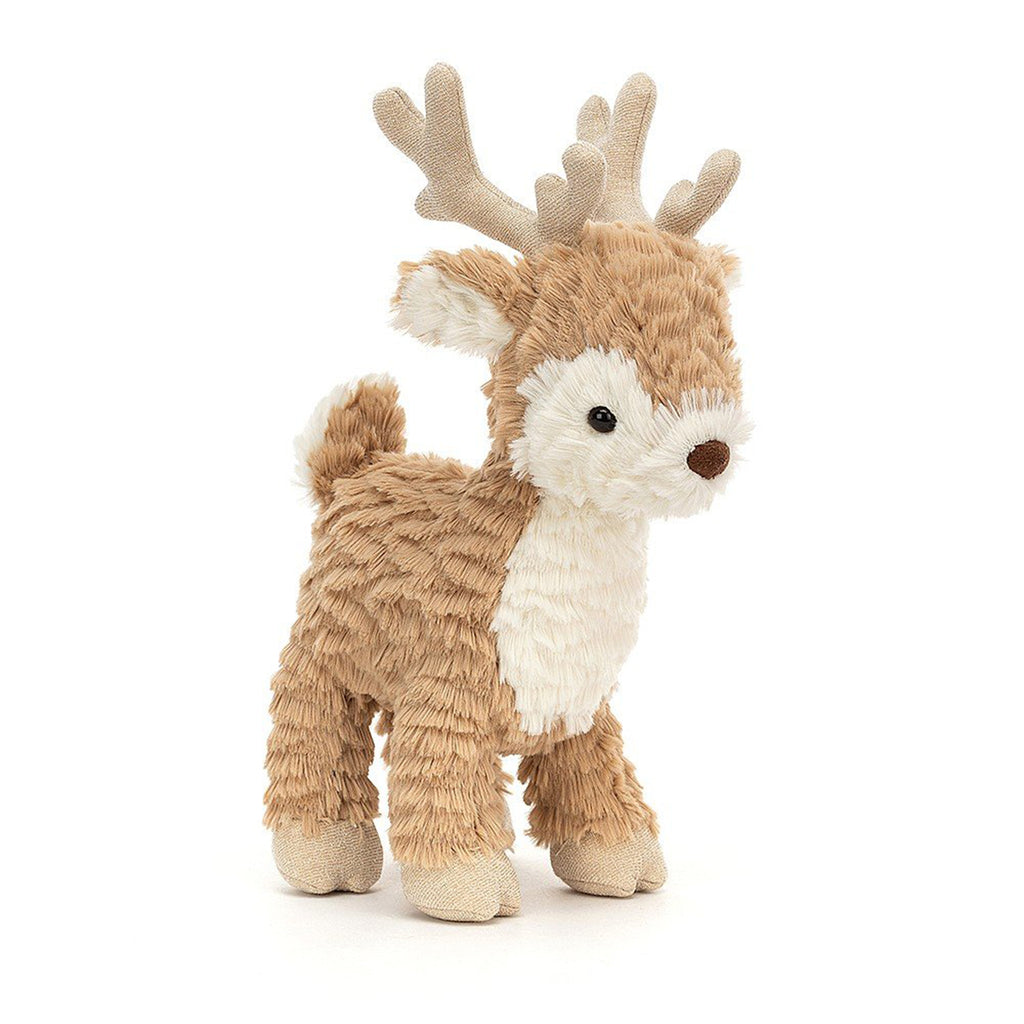 Jellycat Mitzi Reindeer Plush toy with tan and white fur, linen hooves and linen antlers, front view.