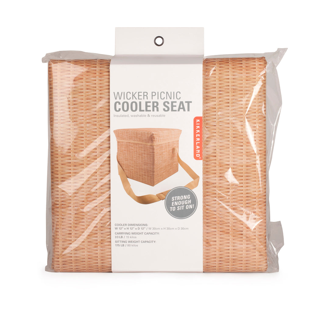kikkerland wicker picnic cooler seat in packaging