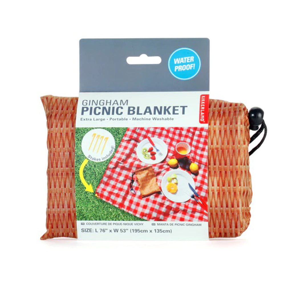 Kikkerland red & white gingham print ripstop nylon picnic blanket in wicker print pouch, in belly band packaging.