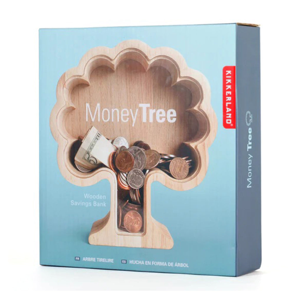 Kikkerland Money Tree wood savings bank in box packaging, front angle.
