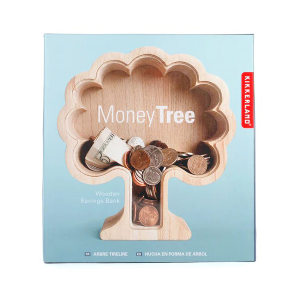 Kikkerland Money Tree wood savings bank in box packaging, front view.