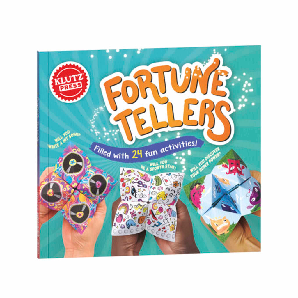 klutz fortune tellers activity book with 3 finished folded paper fortune tellers in different designs on an aqua blue background