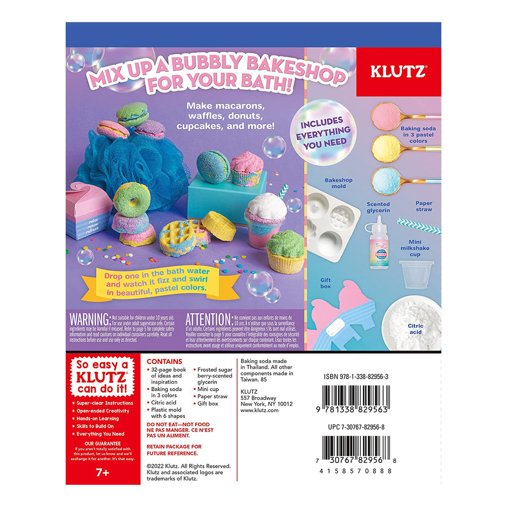 Back of packaging for Klutz Bath Bomb Scented Bakery Book & Activity Kit for kids with photo of finished bath bomb treats and contents of box.