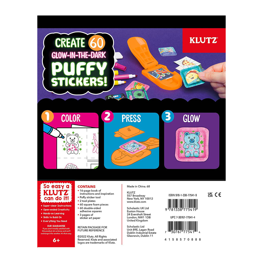 Back cover for the Klutz Make Your Own Glow-in-the-Dark Puffy Stickers Book & Activity Kit with steps and contents.