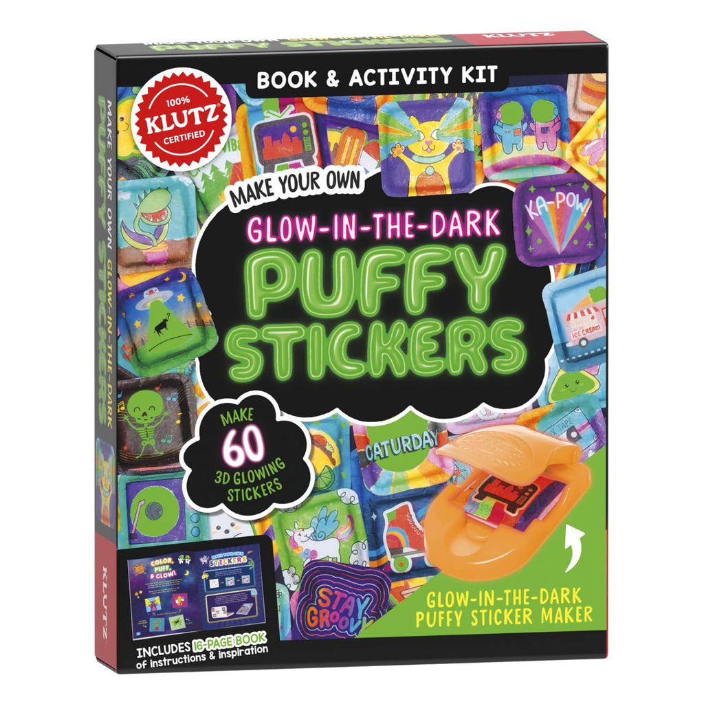 Front cover for the Klutz Make Your Own Glow-in-the-Dark Puffy Stickers Book & Activity Kit with examples of finished stickers.