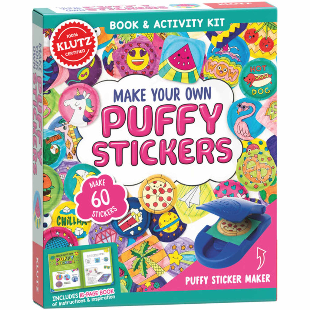    klutz make your own puffy stickers book and activity kit front of box with assorted stickers
