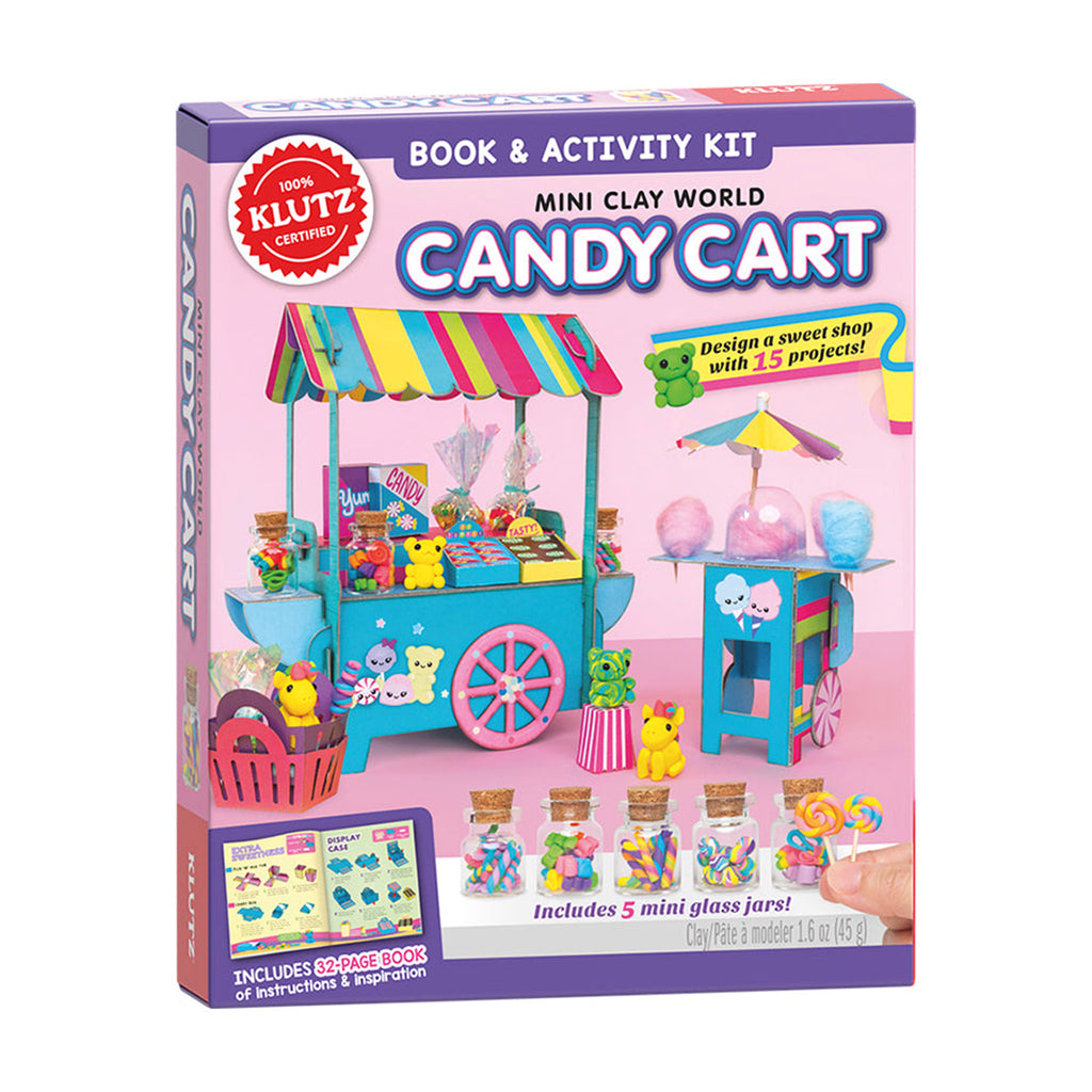 klutz mini clay world candy cart kids book & activity kit box front showing completed colorful candy cart with mini candies and cotton candy
