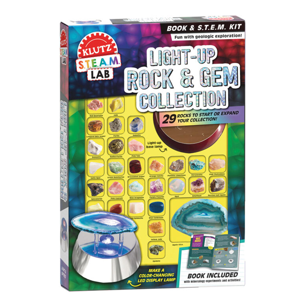 Front of packaging for Klutz STEAM Lab Light Up Rock & Gem Collection with window to see some of the rocks included.