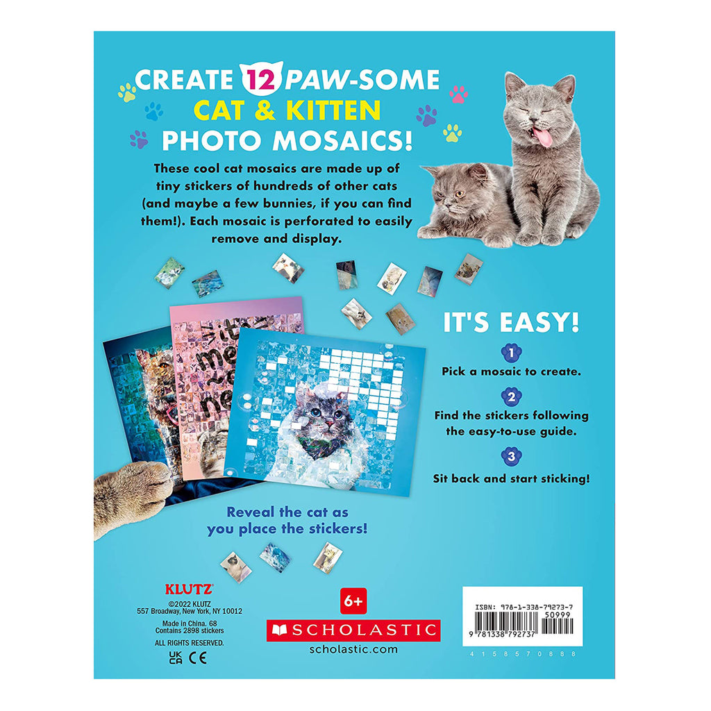Back cover for Klutz Sticker Photo Mosaic: Cats & Kittens activity book with instructions and samples of posters.