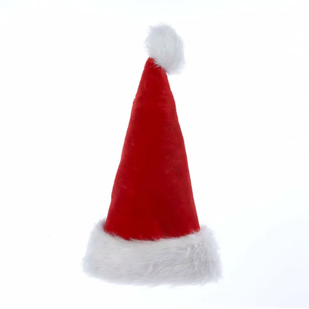 17 inch tall plush red santa hat with white faux fur cuff and pompom on top.