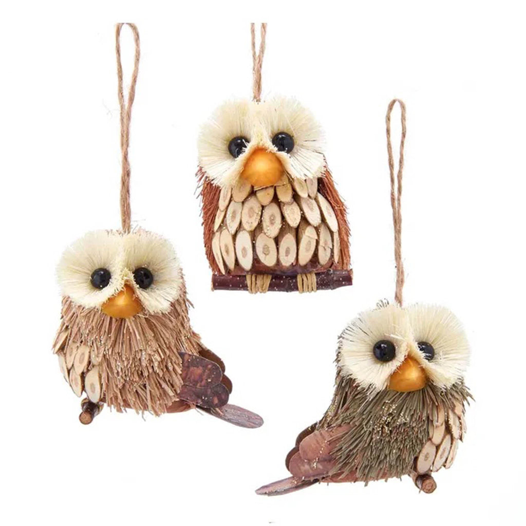 Sisal owl on wooden branch christmas tree ornaments with glitter accents in 3 designs. 
