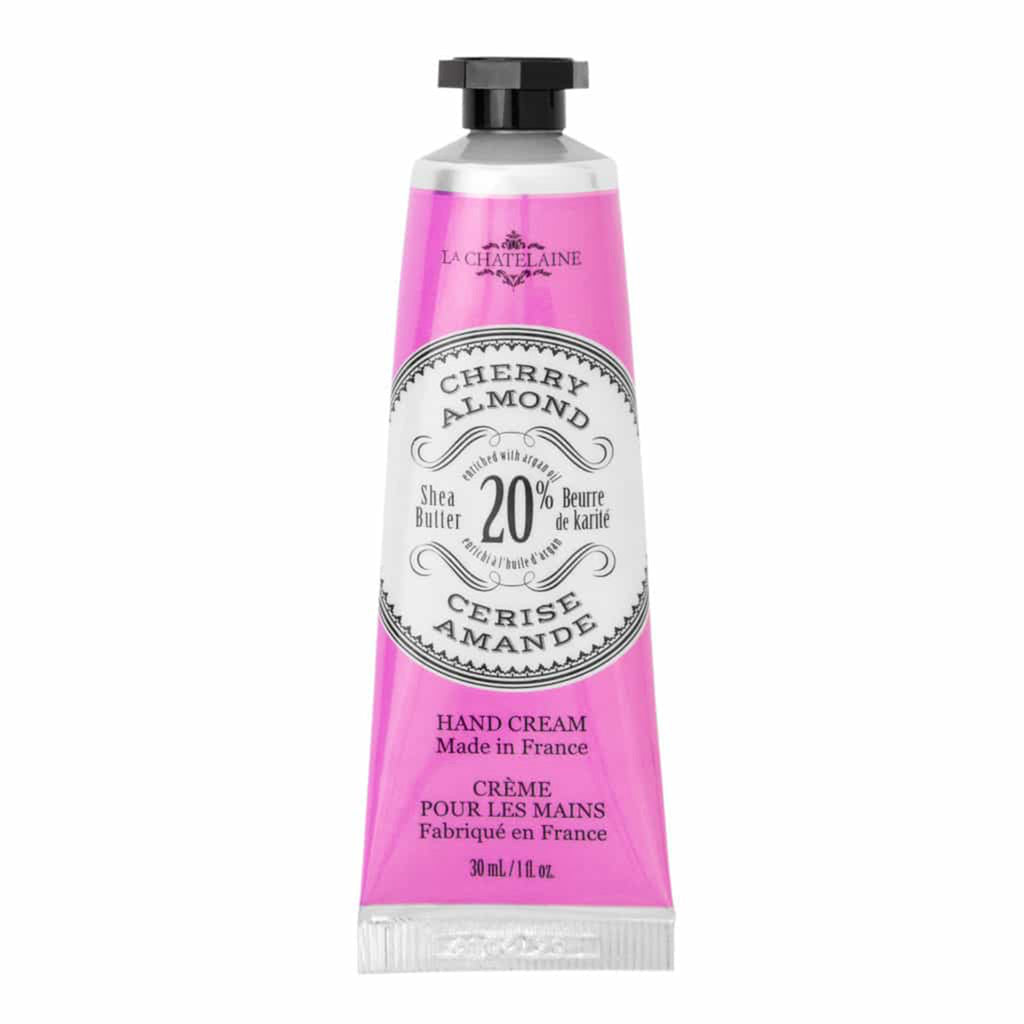 la chatelaine cherry almond scented luxury shea butter hand cream in bright pink tube