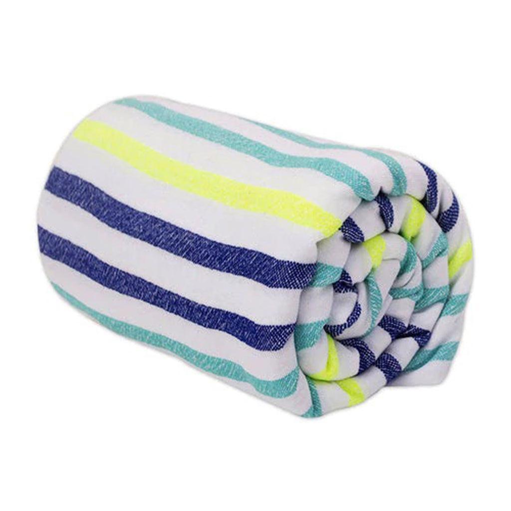 las bayadas la alicia dark blue, green, neon yellow and white sriped woven beach blanket towel rolled up