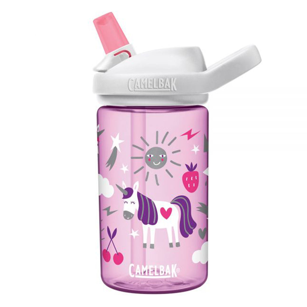 14 ounce purple plastic water bottle with a white cap and pink sipper with illustrations of a white unicorn with gray and purple mane and tail and a pink heart on its back, a gray sun with face, strawberries and cherries with purple stems and leaves, gray hearts and lightning bolts, white clouds and more.