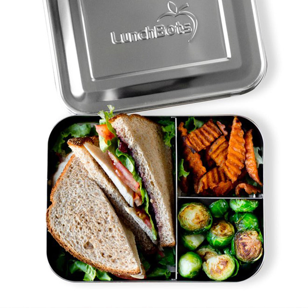 lunchbots large trio stainless steel bento box lunchbox lid open with sandwich and veggies