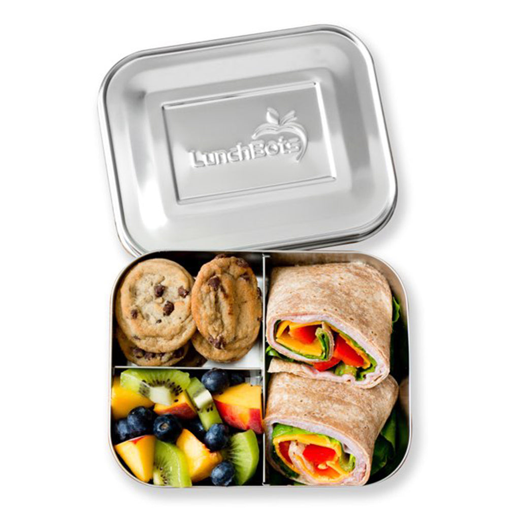 lunchbots medium trio stainless steel bento box lunchbox lid open with wrap sandwich