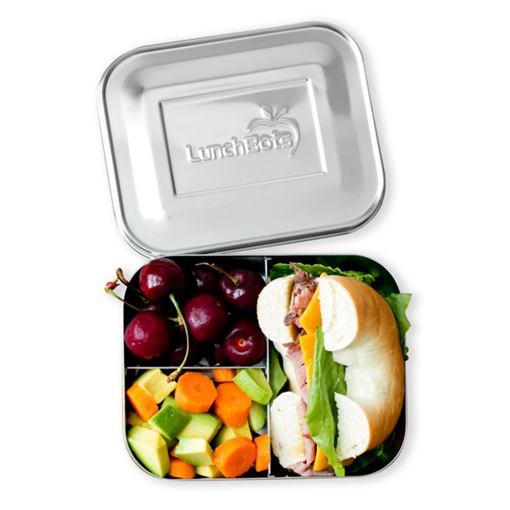 lunchbots medium trio stainless steel bento box lunchbox lid open with sandwich