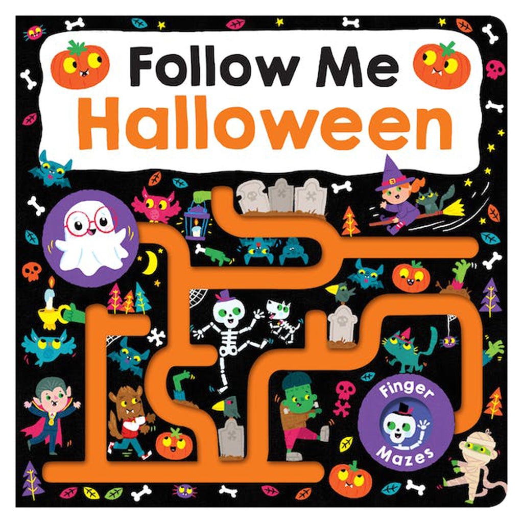 Cover for "follow me halloween" board book with a halloween-themed finger maze