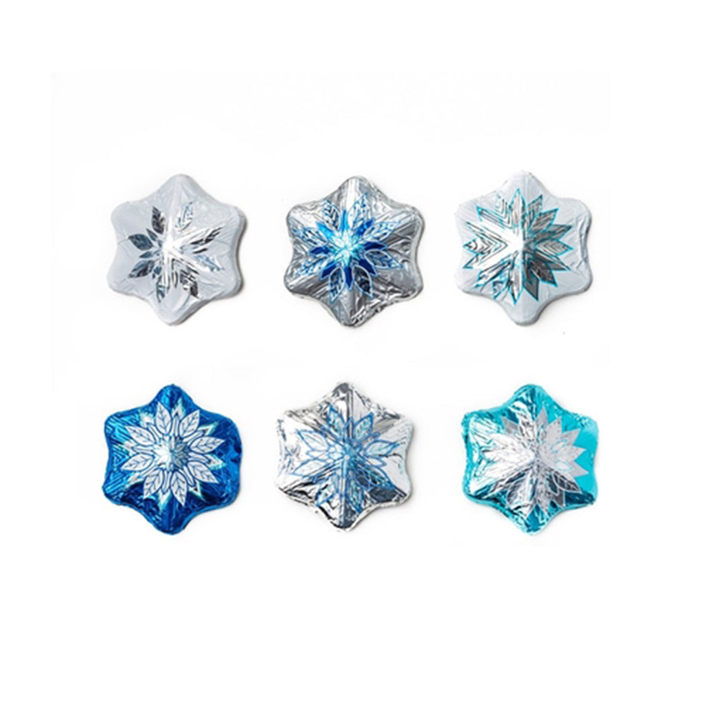 Solid milk chocolates with foil wrapping to look like snowflakes in 6 different designs in blue, silver, white and aqua.