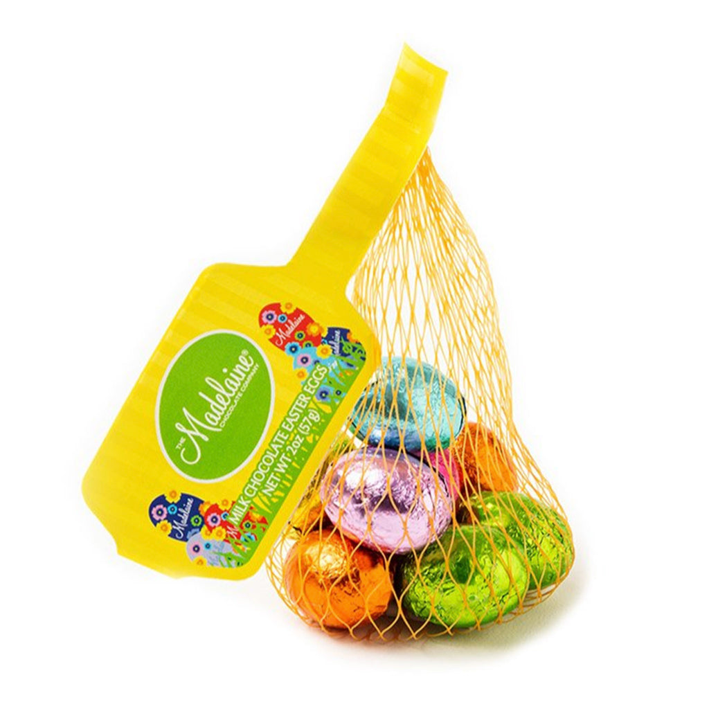 madelaine two ounce decorative foil wrapped  premium solid milk chocolate eggs in mesh bag easter basket candy