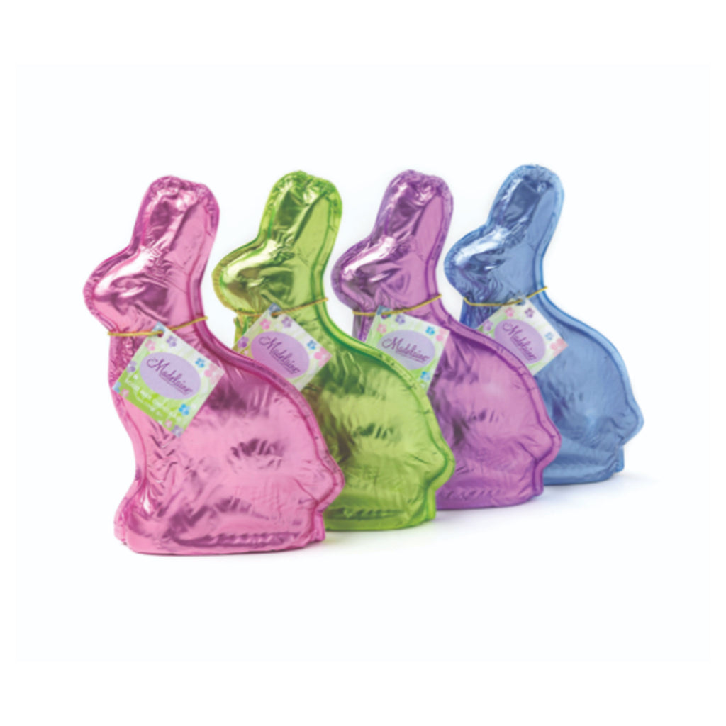 madelaine six ounce pastel decorative foil wrapped sitting rabbit made from premium solid milk chocolate easter bunny candy