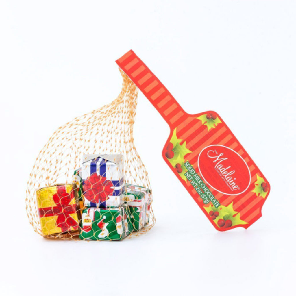 madelaine two ounce decorative foil wrapped premium solid milk chocolate christmas presents in mesh bag holiday candy